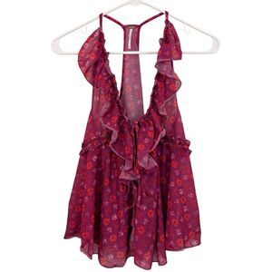 Free People Fearless Ruffle Racerback Tank Top Sz XS Oversized Pink Floral